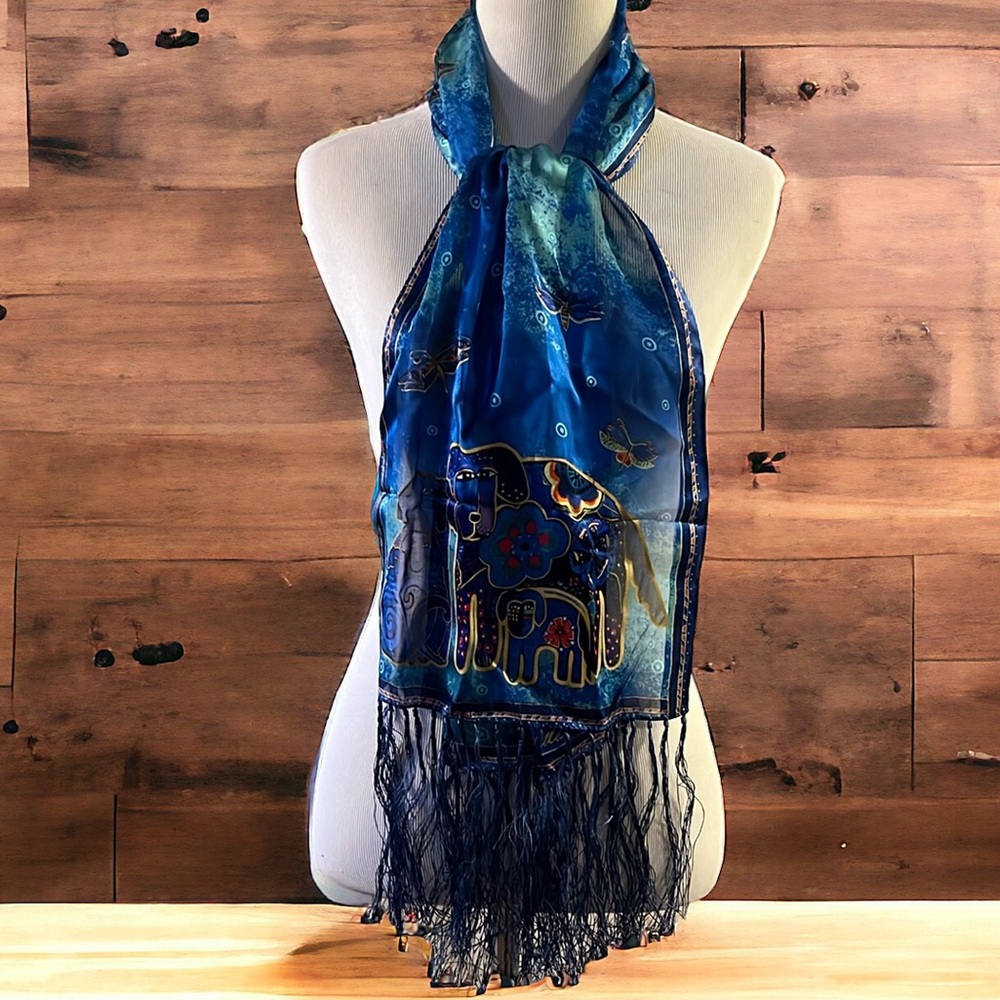 LAUREL BURCH CANINE FAMILY LONG SILK SCARF WITH FRINGE INDIGO BLUE